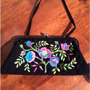 Vera Bradley Quilted Black Floral Embroidered Clutch Purse